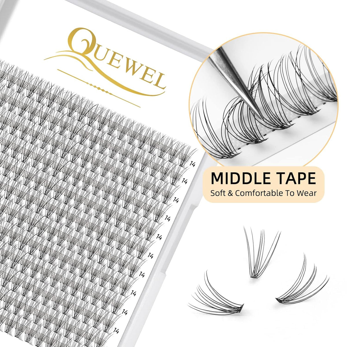 QUEWEL Cluster Lashes 240Pcs Individual Lashes 10D 0.10C Curl 14mm Knot-Free Lash Extensions