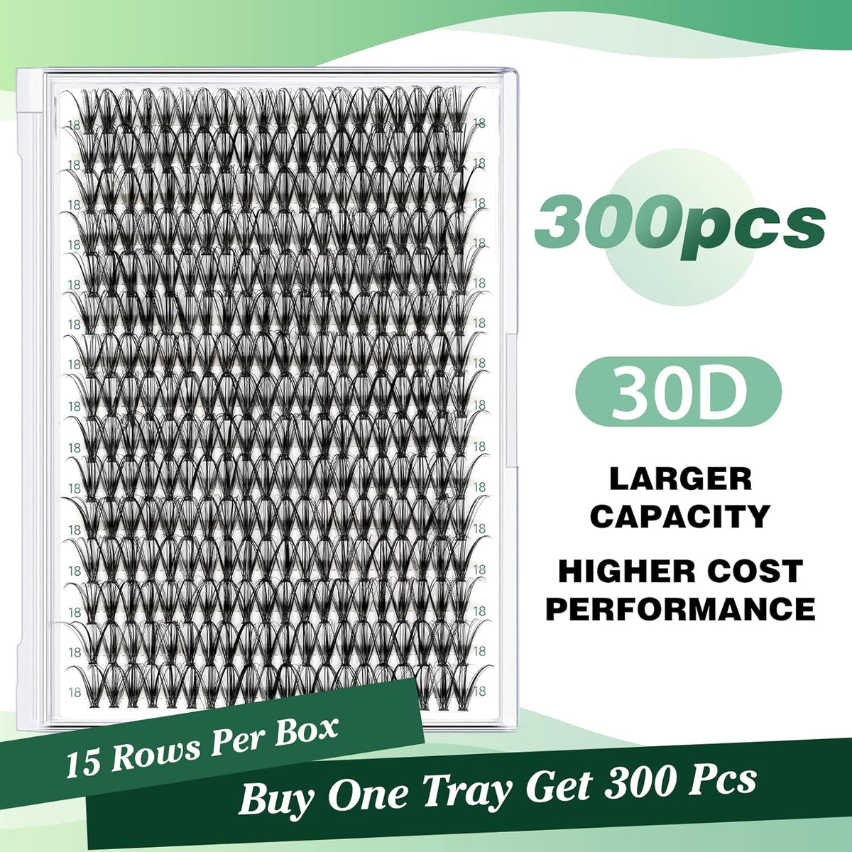 Lash Clusters 300pcs Individual Lashes 30D 0.07D Curl 18mm DIY Eyelash Extension KEYYOU Large Tray