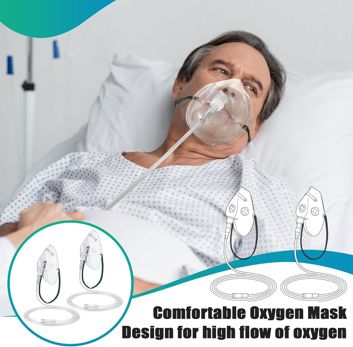 Geiserailie 2 PCS XL Oxygen Mask with 6.6 Ft Tubing and Adjustable Elastic Strap, Adult Oxygen Mask