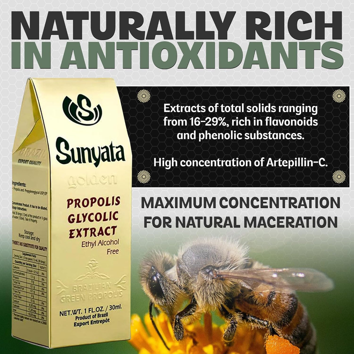 Brazil Brazillian Green Bee Propolis Liquid Extract Sunyata No Alcohol 30ML(1 Pack)