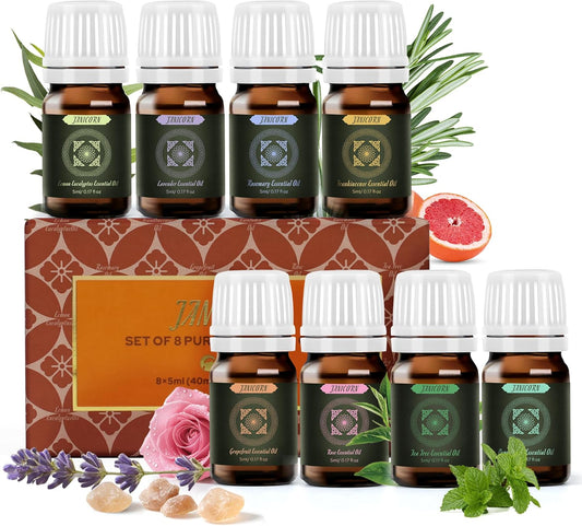 100% Pure & Undiluted Single Essential Oils Gift Set – 8×5ml for Diffuser, Sauna, Aromatherapy, Spa
