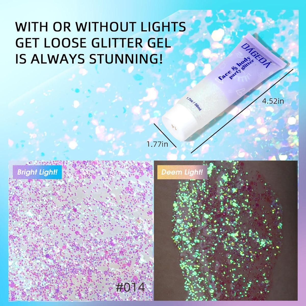 DAGEDA Body Glitter Gel, Holographic Face Glitters Body Gel Shimmer Liquid Eyeshadow, Color