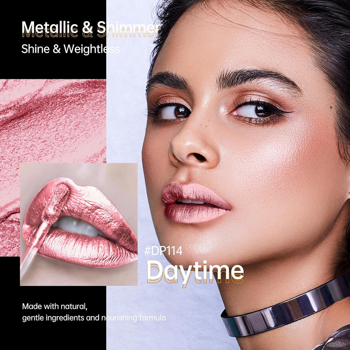 light Pink Lipsticks for Women Metallic Lipstick Long Lasting Non Stick Cup Lip Gloss, Shimmer