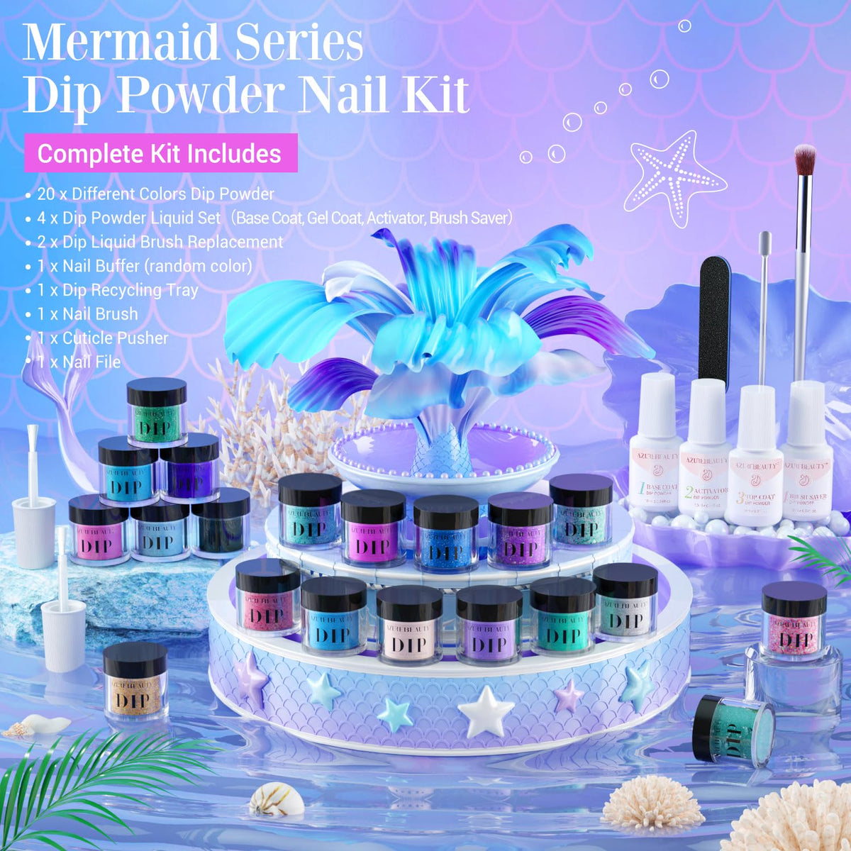 AZUREBEAUTY 31 Pcs Dip Powder Nail Kit Starter 20 Colors Glitter Nude Green Mermaid Serie Dip