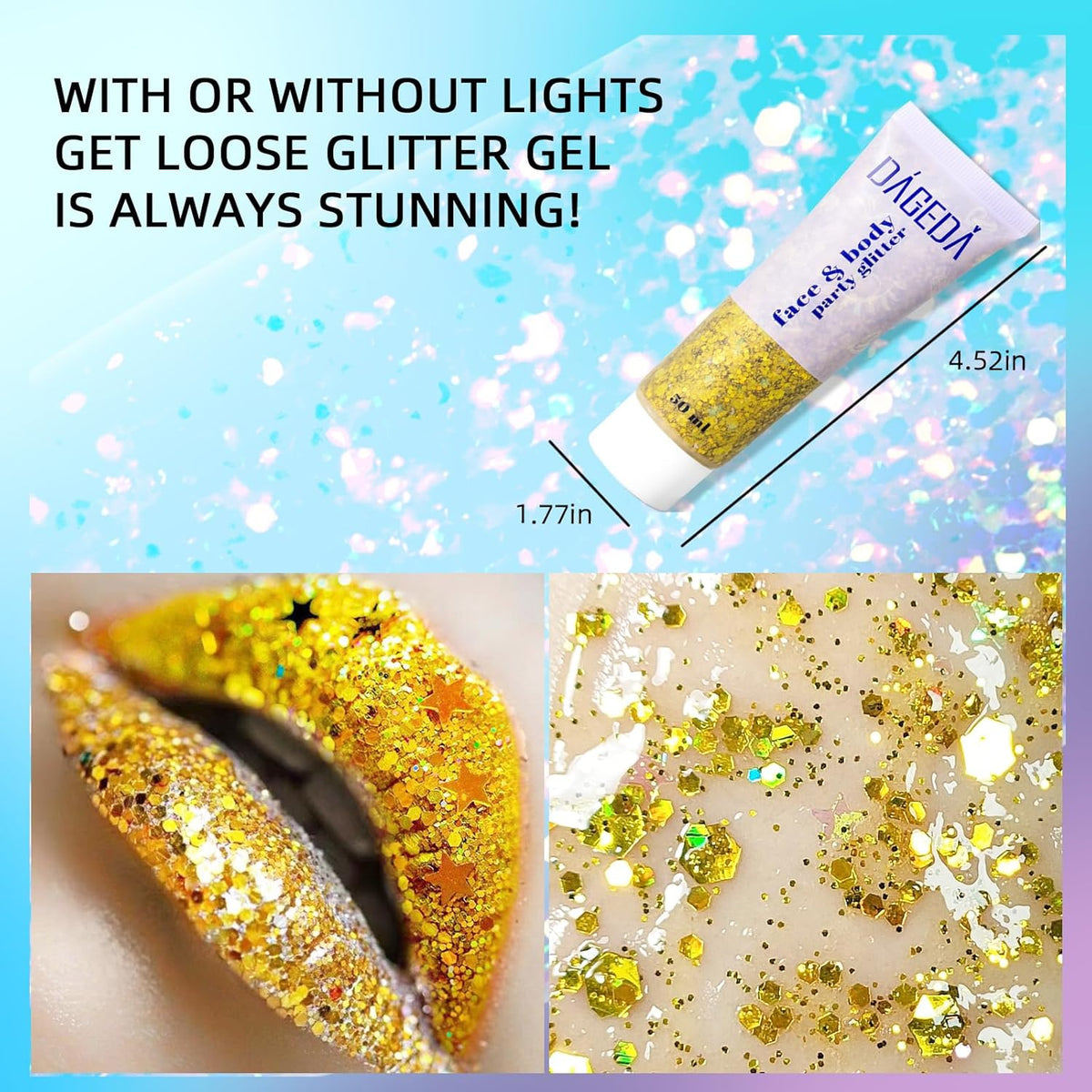 DAGEDA Body Glitter Gel, Face Glitters Body Gel Sequins Shimmer Liquid Eyeshadow, Chunky Glitter