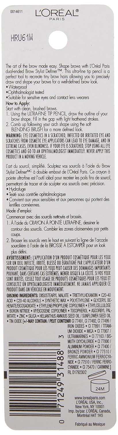 L'Oreal Paris Makeup Brow Stylist Definer Waterproof Eyebrow Pencil, Ultra-Fine Mechanical Pencil