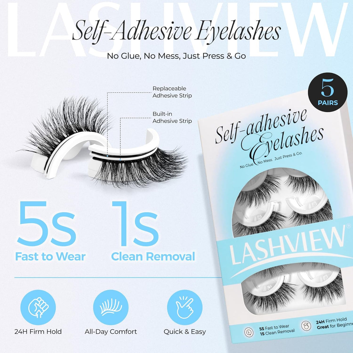 LASHVIEW Self Adhesive Eyelashes 5 Pairs Cat Eye Wispy Self-adhesive False Lashes Reusable Natural