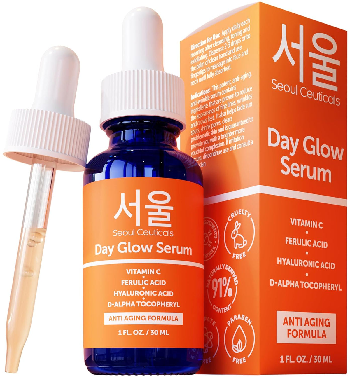 SeoulCeuticals Korean Skin Care 20% Vitamin C Hyaluronic Acid Serum + CE Ferulic Acid - Potent Anti