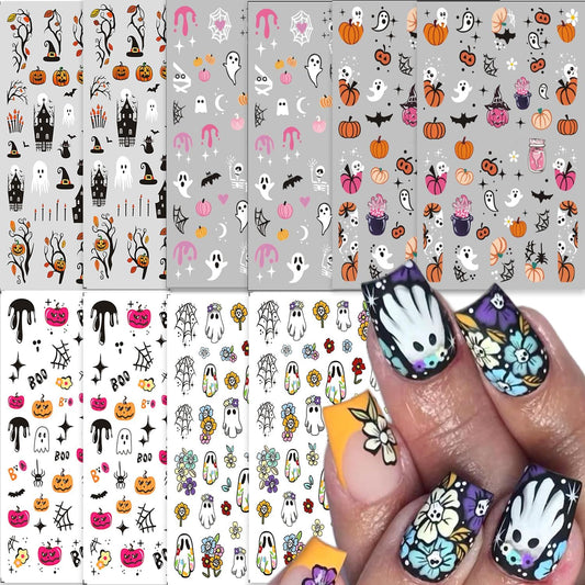 10 Sheets Halloween Nail Art Stickers Decals Cute White Ghost Nail Stickers Pumpkin Bat Spider Web