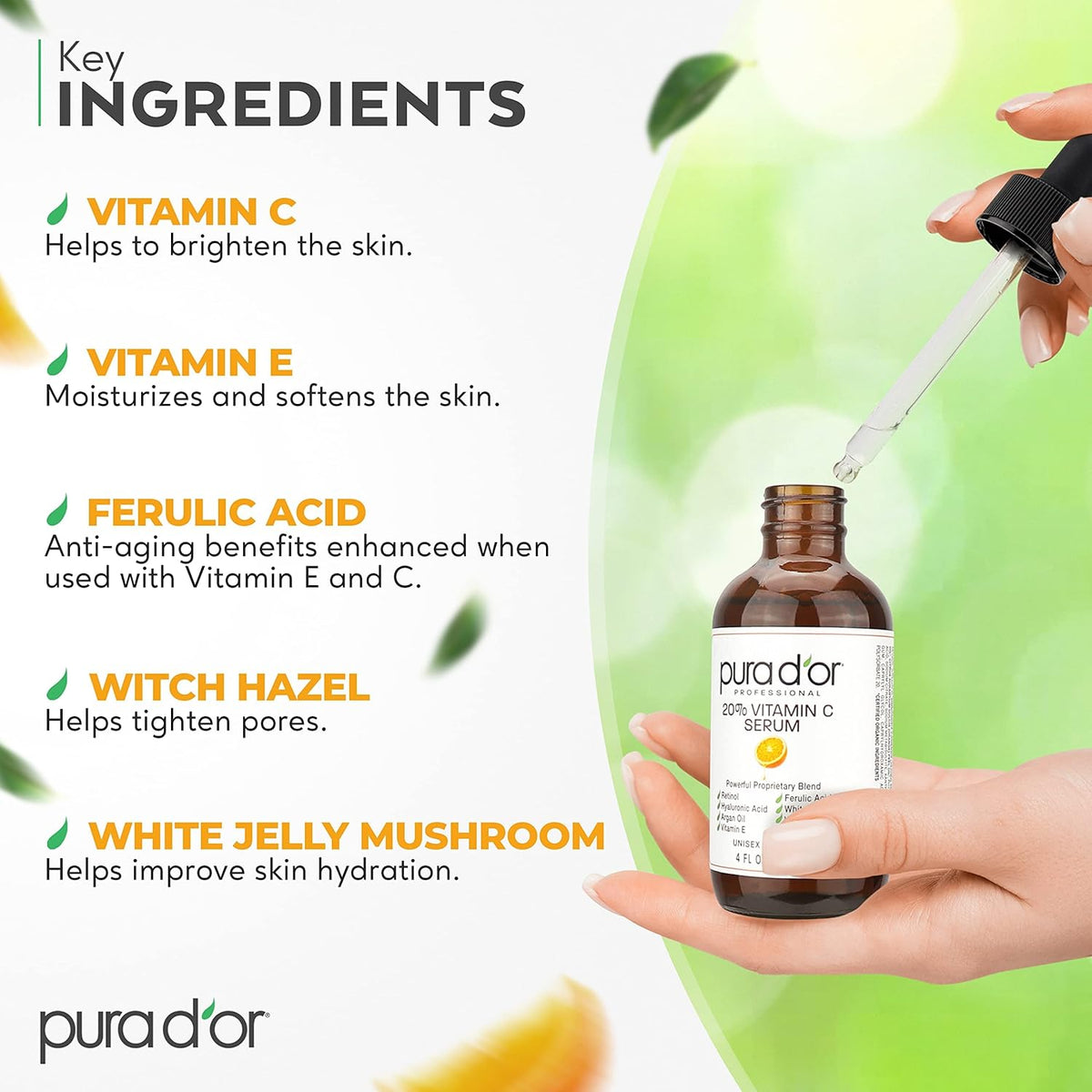 PURA D'OR 20% Vitamin C Serum 4 Oz - Lightweight Maximum Strength Formula - Retinol, Hyaluronic