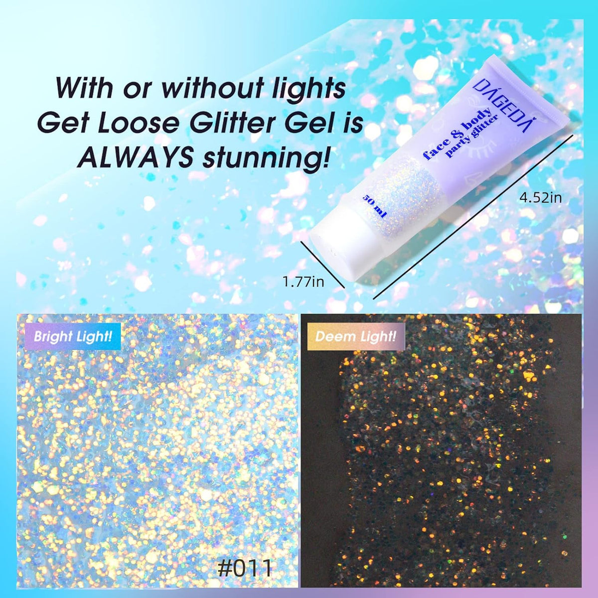 DAGEDA Body Glitter Gel, Holographic Face Glitters Body Gel Shimmer Liquid Eyeshadow, Color