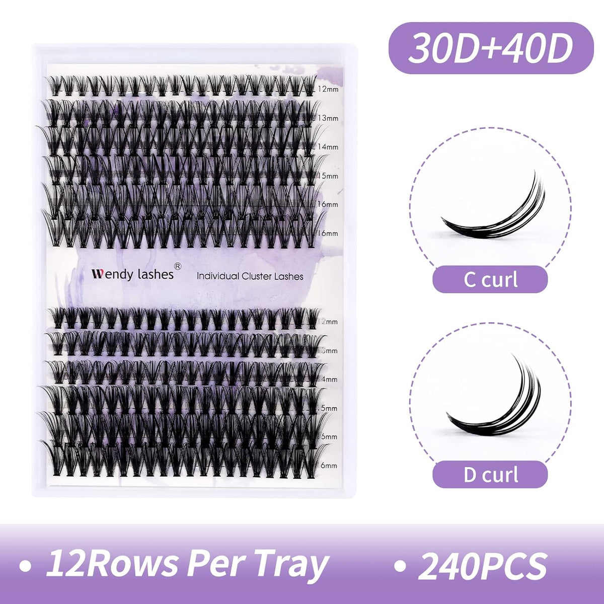 Cluster Eyelashes 30D/40D 240PCS 12-16mm Mixed Individual Lashes C/D Curl 0.07mm Matte Black