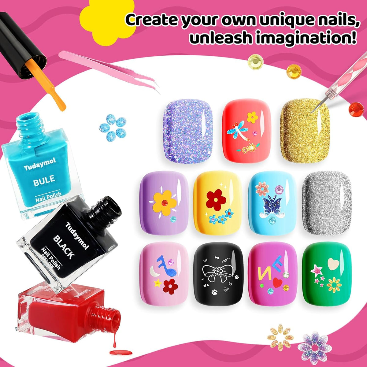 Tudaymol Nail Polish Set for Kids - Water-Based Peelable Polish-8 Colors with Glitter, Gems