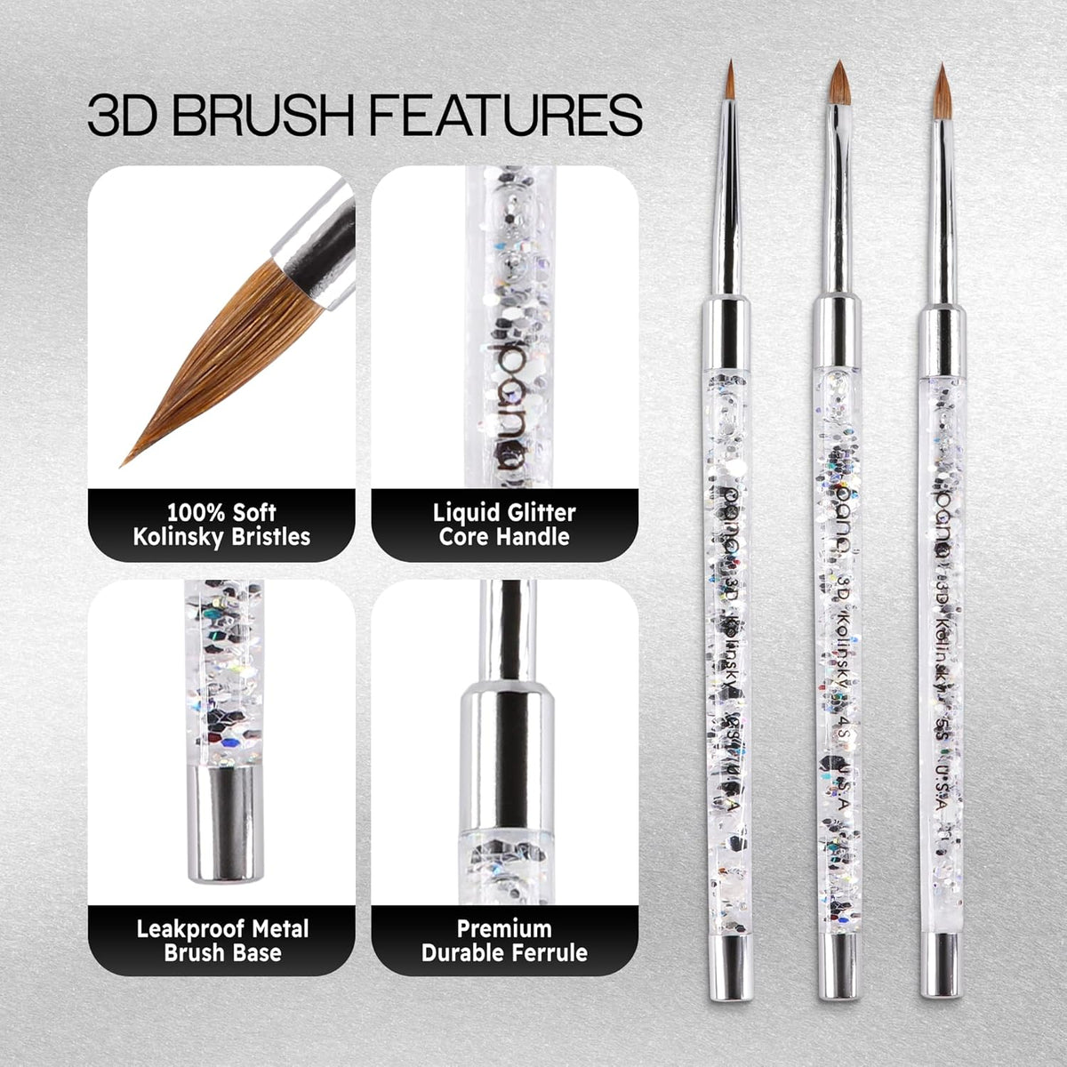 PANA 3D Kolinsky Nail Art Brush - Silver Glitter Handle, Size 5 - Acrylic Nail Art Sculpture Brush