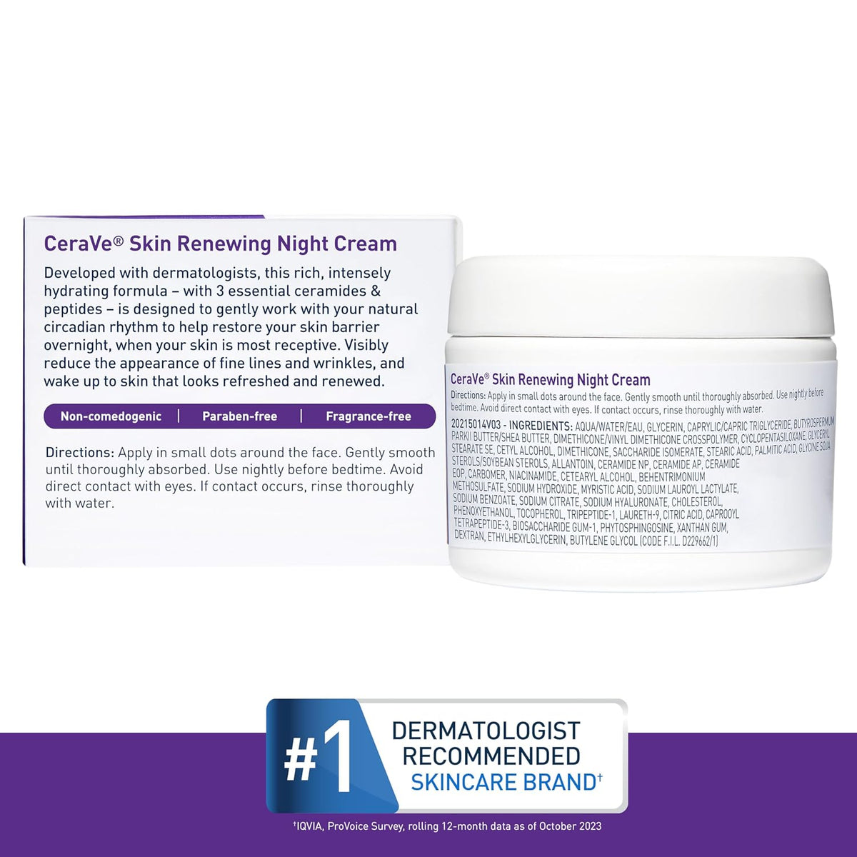 CeraVe Skin Renewing Night Cream, Niacinamide, Peptide Complex, and Hyaluronic Acid Moisturizer for