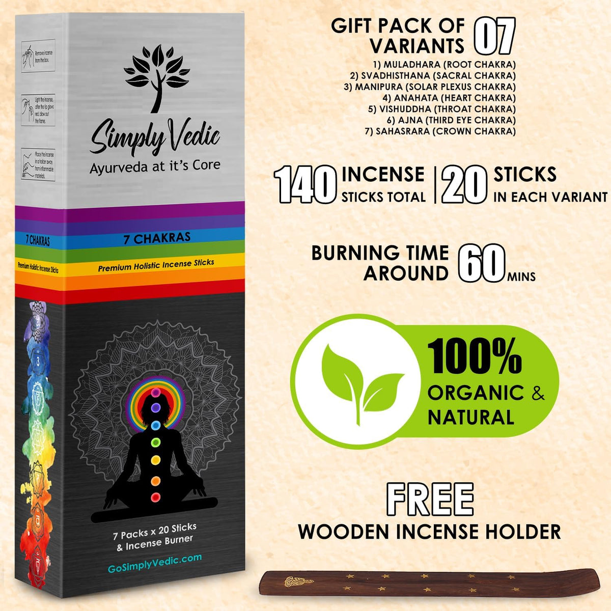 7 Chakra Incense Sticks, Aromatic Bliss for Balance & Healing| Handcrafted 140 Sticks with Pure