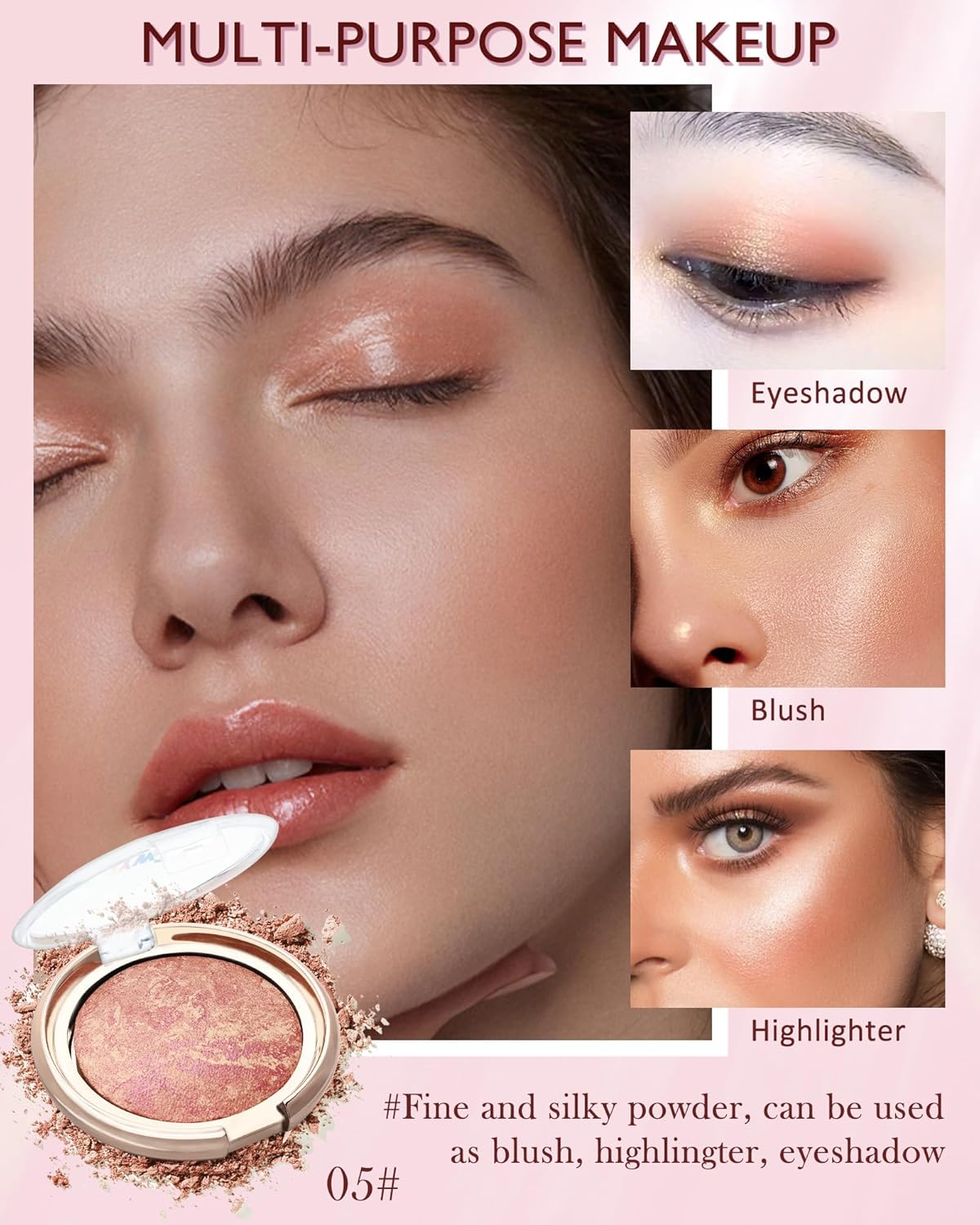 Baked Powder Blush, Glow Marbleized Blusher Powder Palette,Lightweight Shimmery face Blush for