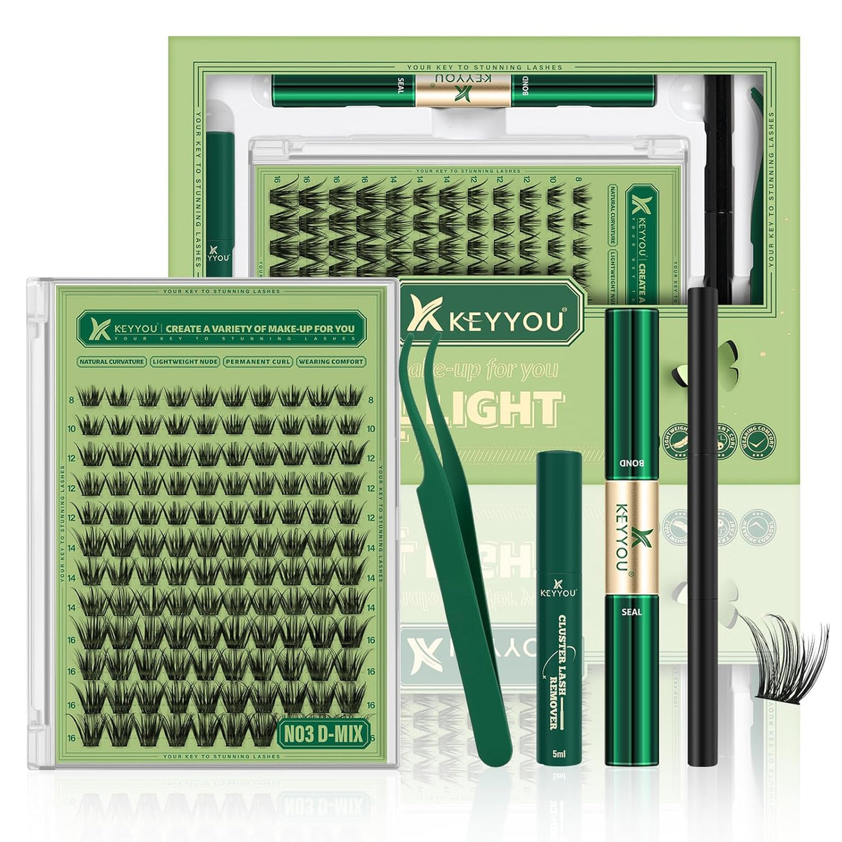 KEYYOU Natural Lash Clusters Kit 144Pcs DIY Lash Extension Kit Wispy Eyelash Extensions Kit D Curl