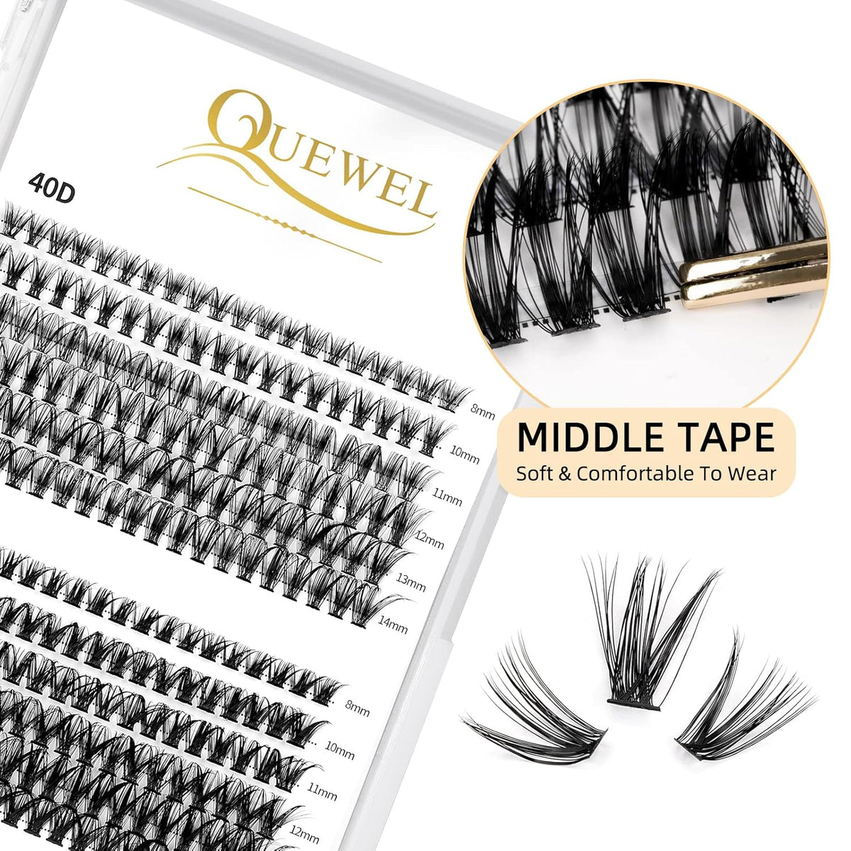 QUEWEL Cluster Lashes 240Pcs Individual Lashes 40D+50D C Curl Mix8-14mm Lash Extensions Clusters