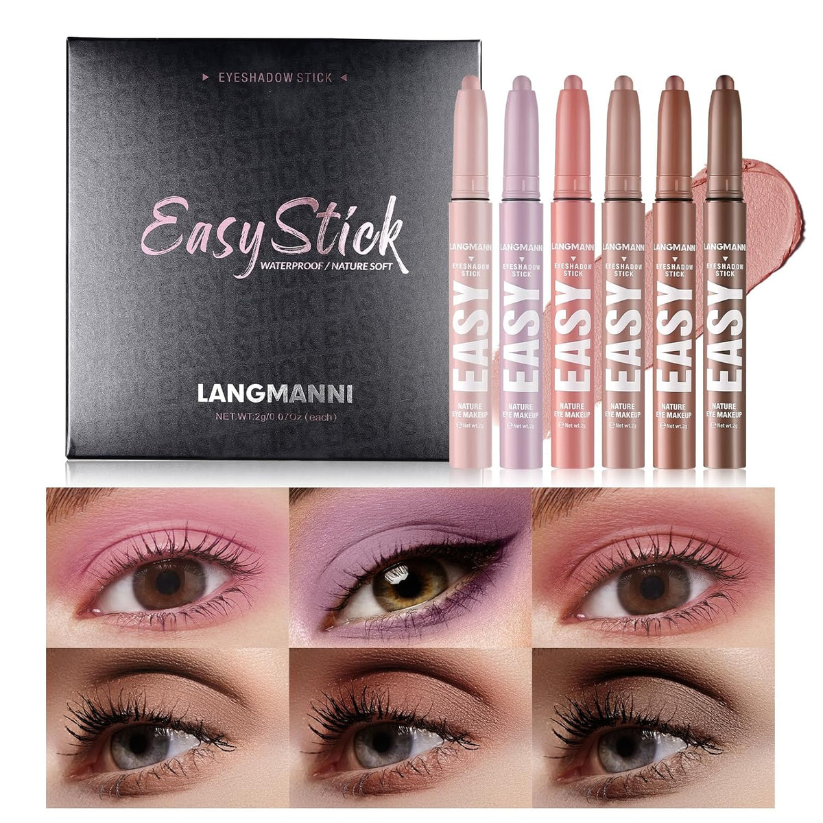 LANGMANNI Eyeshadow Stick, 6 PCS Waterproof Multi-Color Eyeshadow Pen Set, Creamy Long-Lasting Eye
