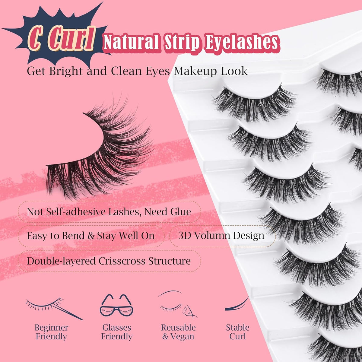 Wispy Lashes False Eyelashes Natural 16mm Fluffy Eyelashes Strip Lashes Pack 3D Volume Lashes 0.1MM