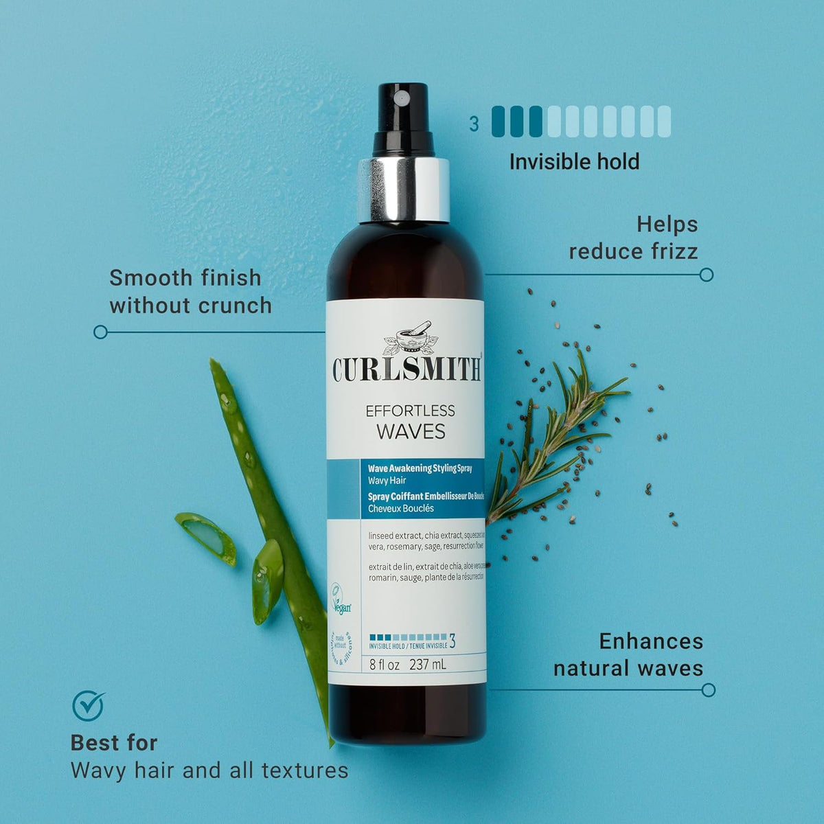 CURLSMITH - Effortless Waves Styling Spray, Lightweight and Moisturising, Reduce Frizz, Natural