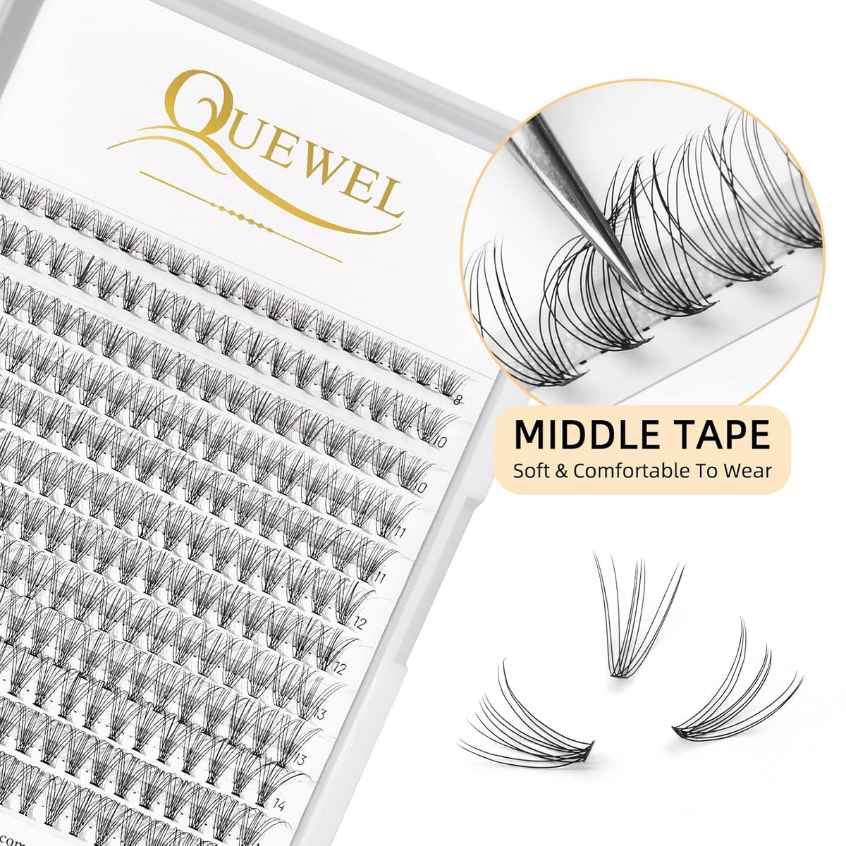 QUEWEL Lash Clusters 240Pcs Cluster Lashes 10D 0.10D Curl Mix8-14mm Individual Lashes