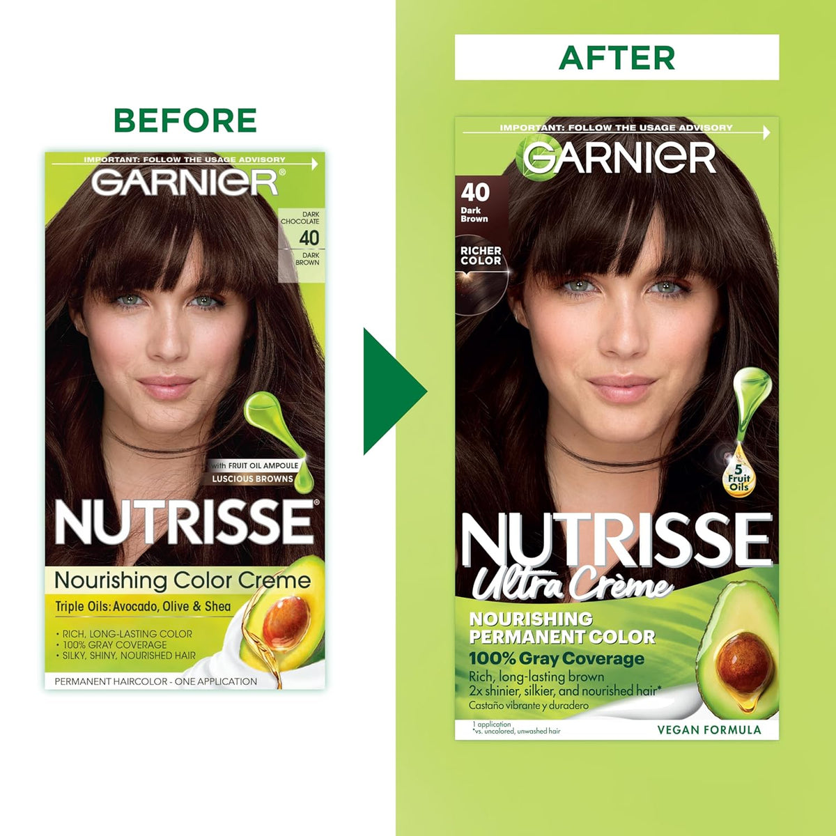 Garnier Hair Color Nutrisse Nourishing Creme, 40 Dark Brown (Dark Chocolate) Permanent Hair Dye, 1