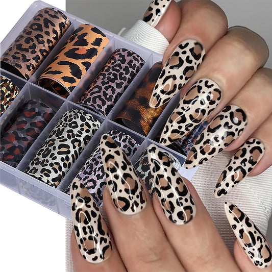 10 Rolls Leopard Print Nail Foil Transfer Stickers Autumn Winter Nails Decoration Self Adhesive