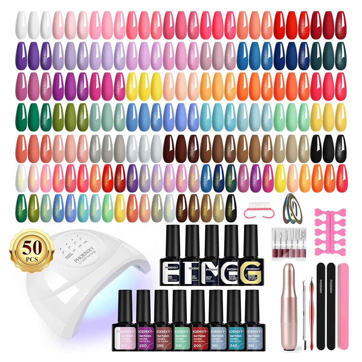 PHOENIXY 63 Pcs Gel Nail Polish Kit with U V light and Drill, 45 Colors Gel Polish with 5 Pcs Base