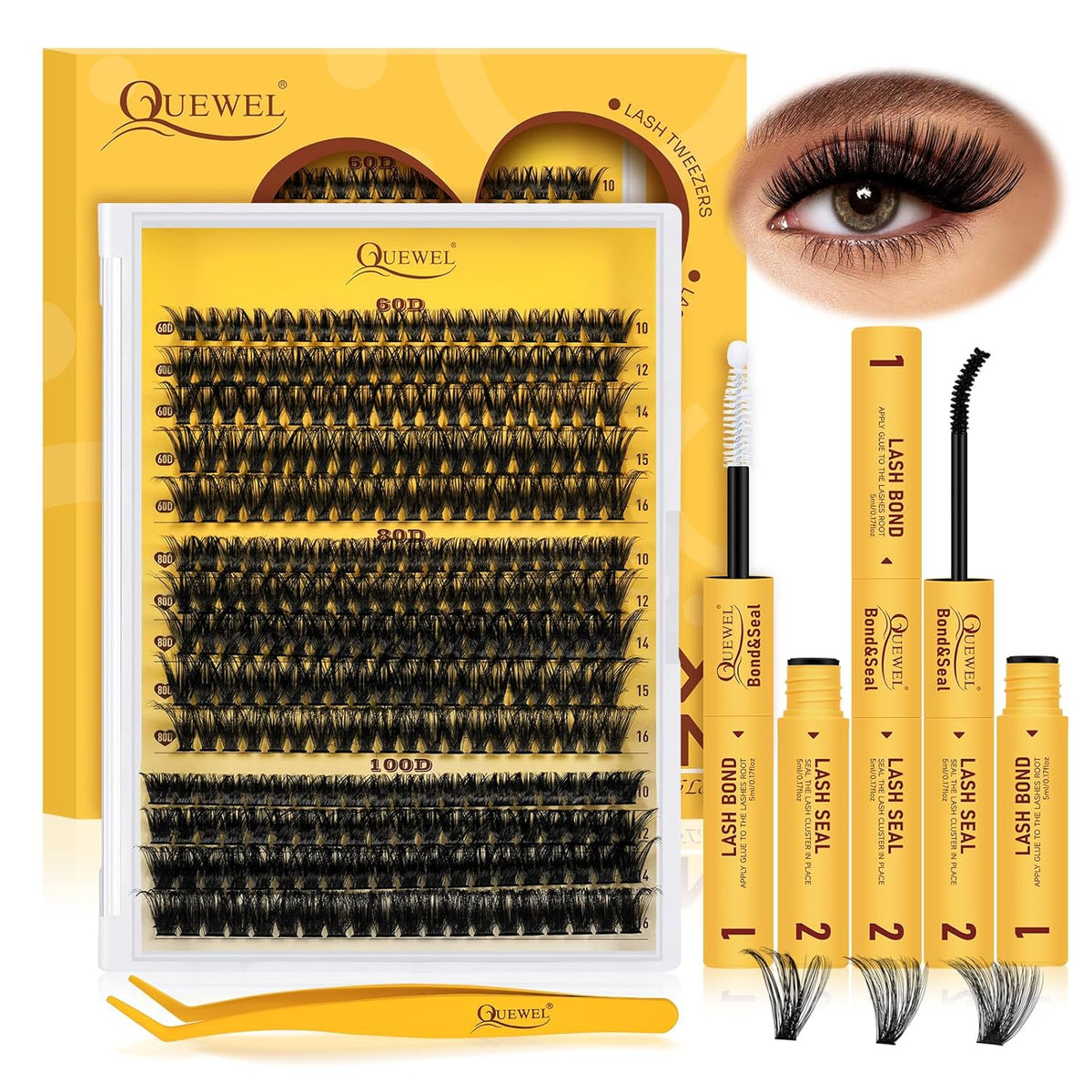 QUEWEL DIY-Lash-Extension-Kit, 280pcs 60+80+100D Lash-Clusters Mixed 10-16mm Thick