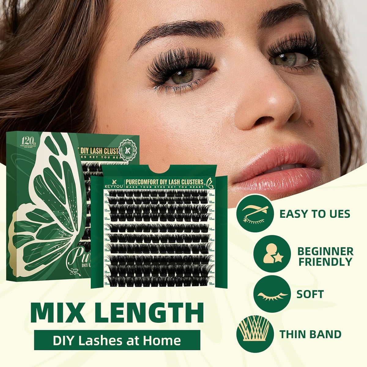 KEYYOU Lash Clusters 120pcs Eyelash Clusters 10-18mix D Curl Cluster Lashes Thick Super Soft Wispy