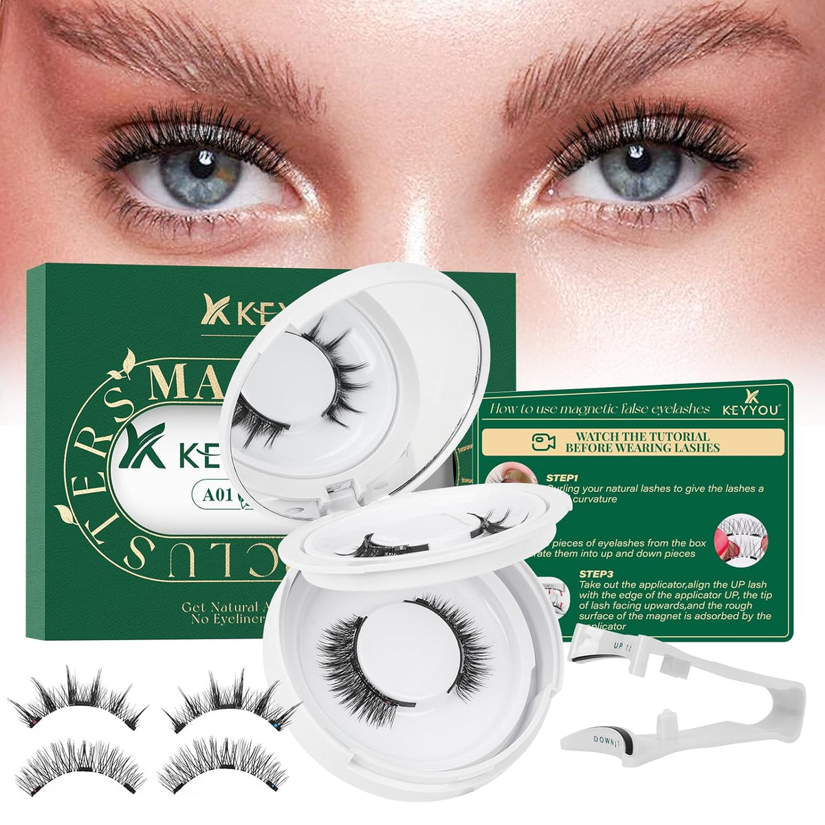 KEYYOU Reusable Magnetic Eyelashes 2 Pair with Applicator No Glue Needed 3D Natural Magnetic