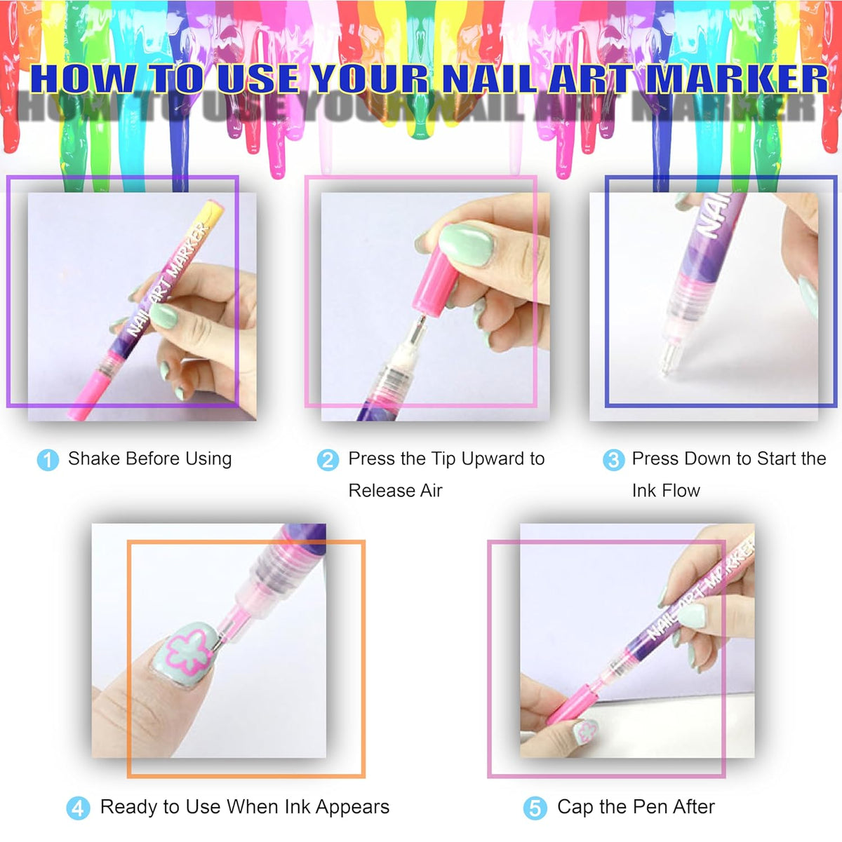 12 Colors Nail Art Pens Set 3D Nail Polish Pens Graffiti Dotting Pen Acrylic Paint Pens Point Liner