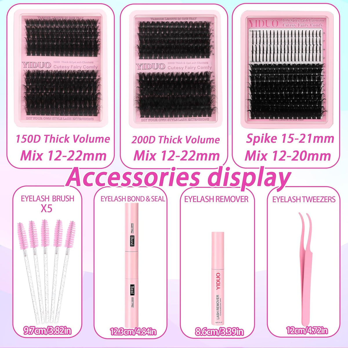 575Pcs Bulk Pack Lashes Clusters Kit with Glue and Removers, D Curl Volume 150D+200D+Spiky Lashes