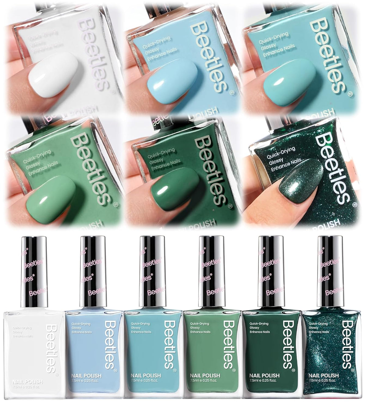 Beetles Green Nail Polish Set P181, 6 Colors Blue White Nail Polish Set, Green Collection Quick Dry