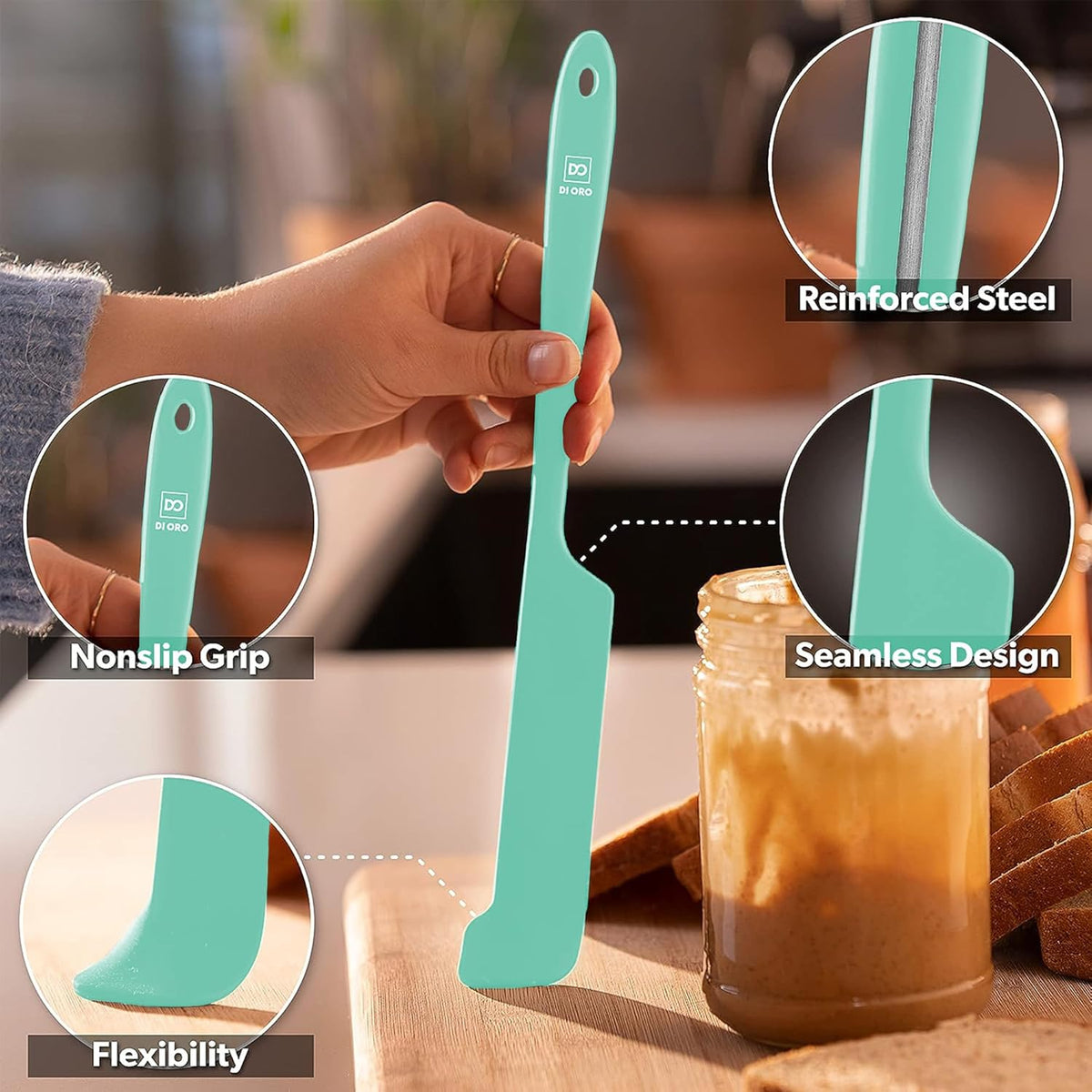 DI ORO Silicone Jar Spatulas for Scraping - Rubber Spatulas Silicone Heat Resistant - Kitchen
