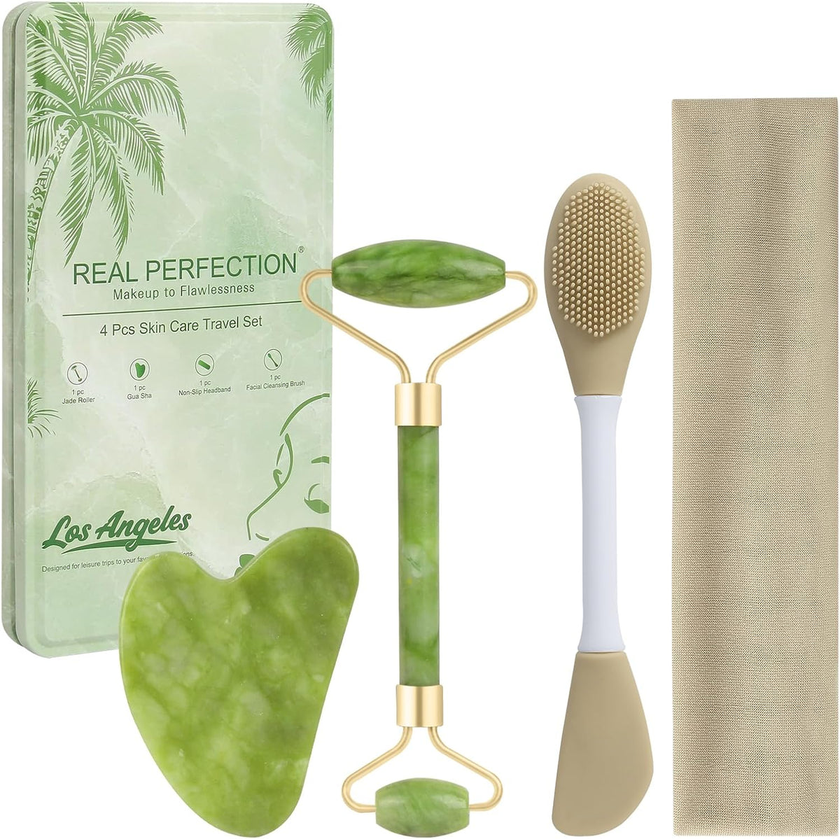 Real Perfection Gua Sha Facial Tools Face Roller for Wrinkles Jade Roller and Gua Sha Set, Scrubber