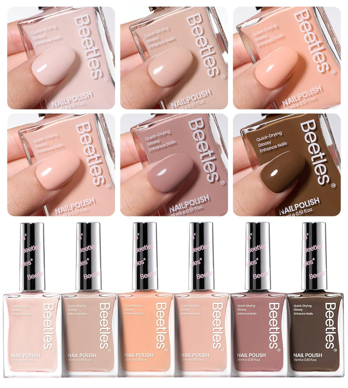 Beetles Nude Nail Polish Set Coconut Mousse 6Pcs, Pink Nail Fast Drying Long Lasting Neutral Brown