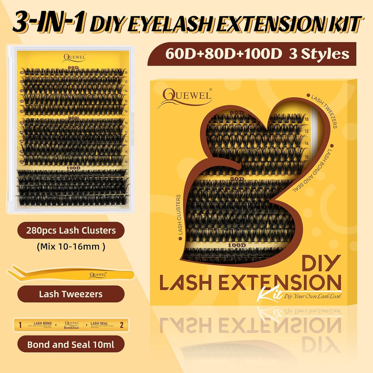 QUEWEL DIY-Lash-Extension-Kit, 280pcs 60+80+100D Lash-Clusters Mixed 10-16mm Thick