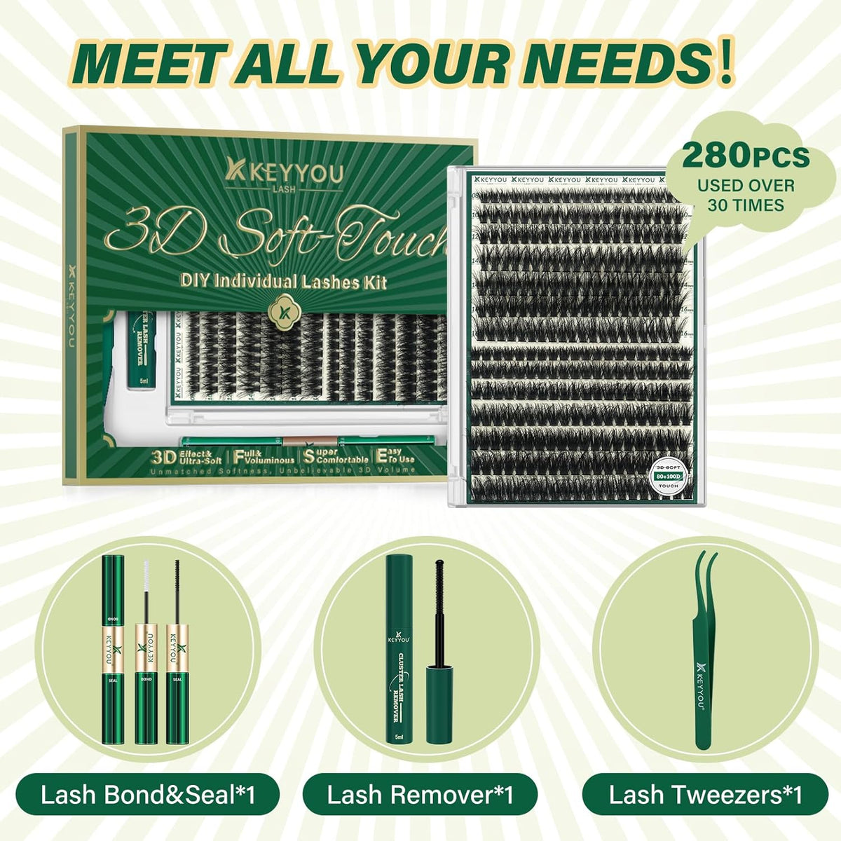 Clusters Kit 3D Effect Eyelash Clusters Kit 280pcs 80D100D 8-16MIX D Curl Individual Lashes Kit