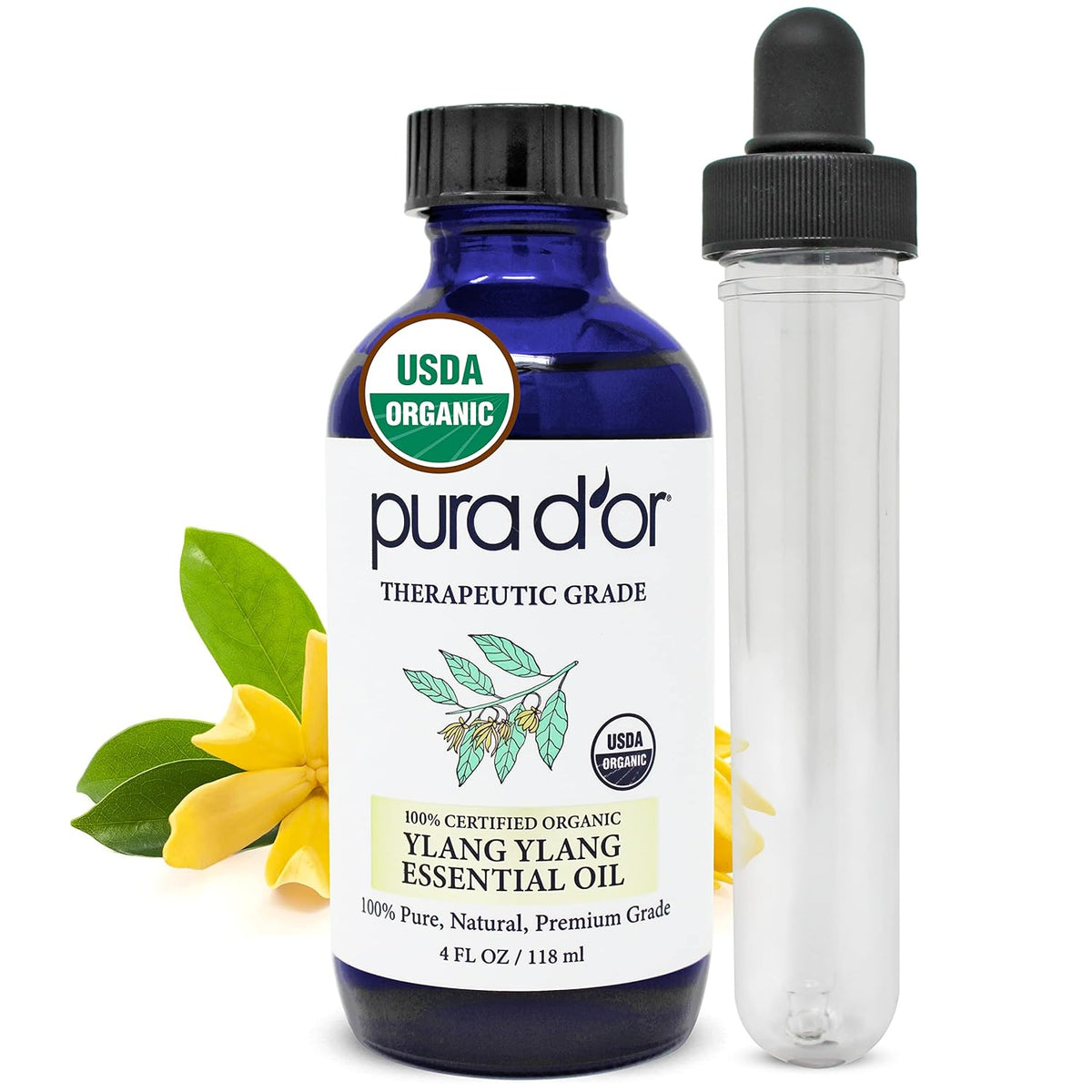 PURA D'OR Organic Ylang Ylang Essential Oil (4oz with Glass Dropper) 100% Pure & Natural
