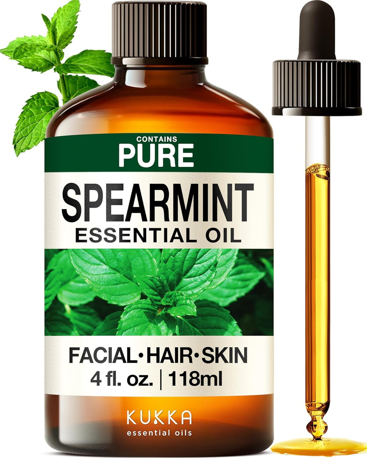 Kukka Spearmint Oil for Facial Hair - 4 Fl Oz - Aromatherapy Spearmint Essential Oil for Skin &