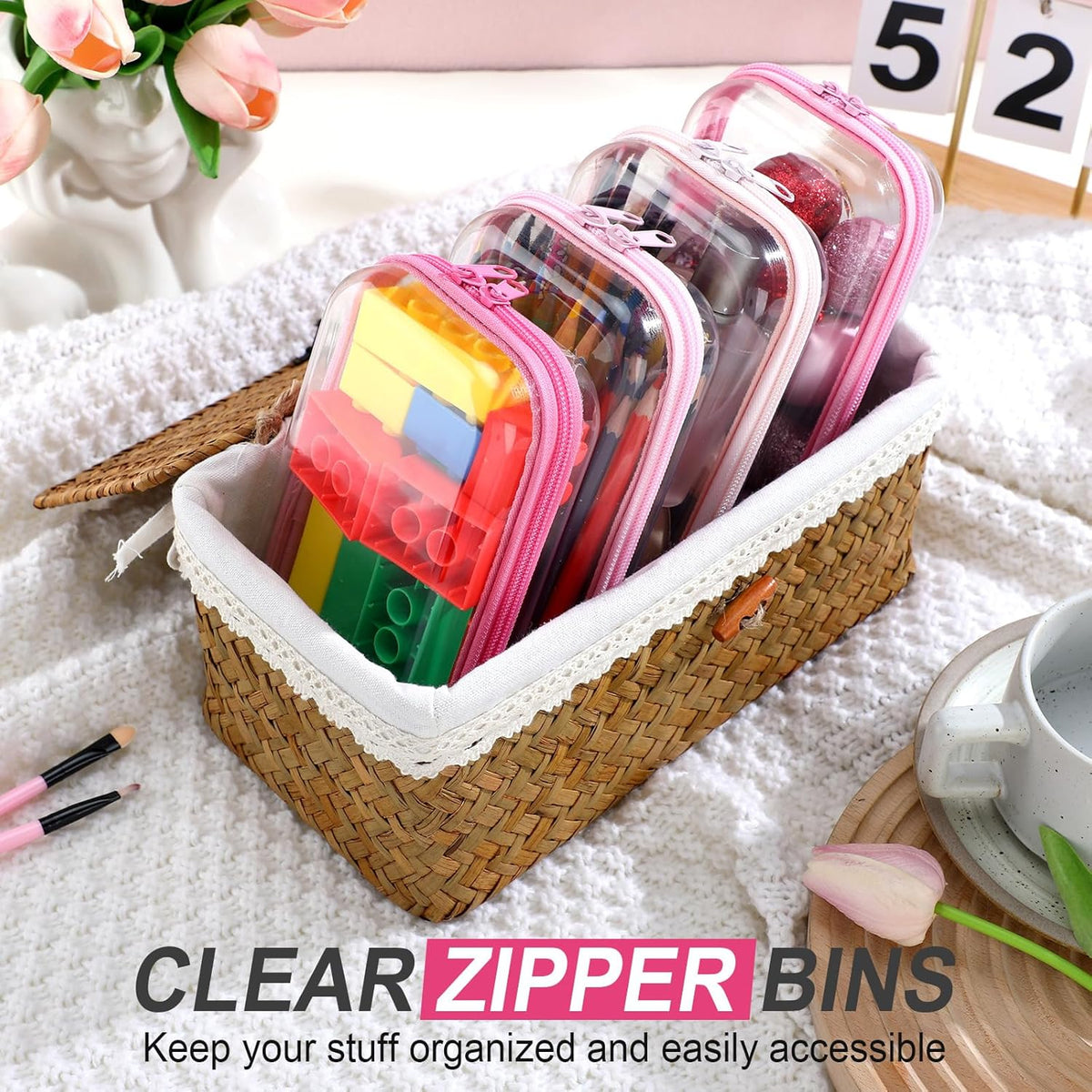 Hoolerry 4 Pcs Hard Clear Zipper Case Makeup Bags Plastic Pencil Pouch Transparent Storage Box