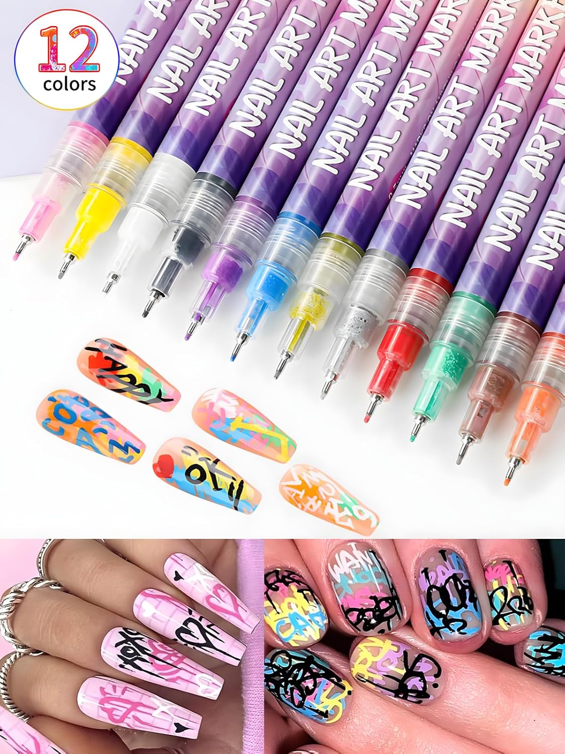 Fine Tips 3D Nail Art Pens, 12 Colors 0.5 MM Nail Marker Pens Nail Point Graffiti Dotting Drawing