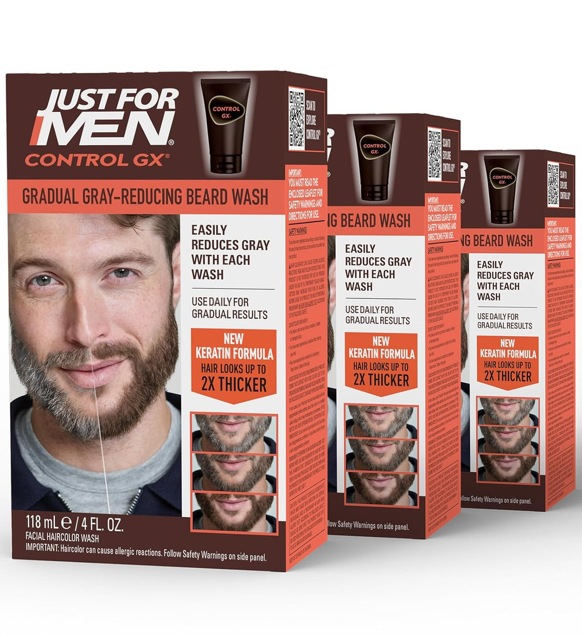 Just for Men Control GX Grey Reducing Beard Wash Shampoo with Keratin, Gradually Colors Mustache