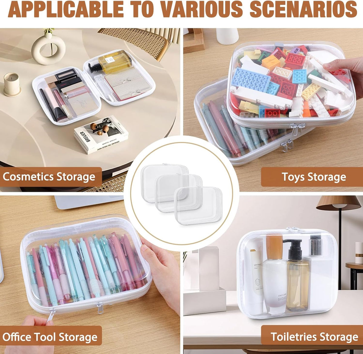 Clear Hard Shell Zipper Case 3 PCS Clear Cosmetic Make up Bag Waterproof Travel Toiletry Bag for