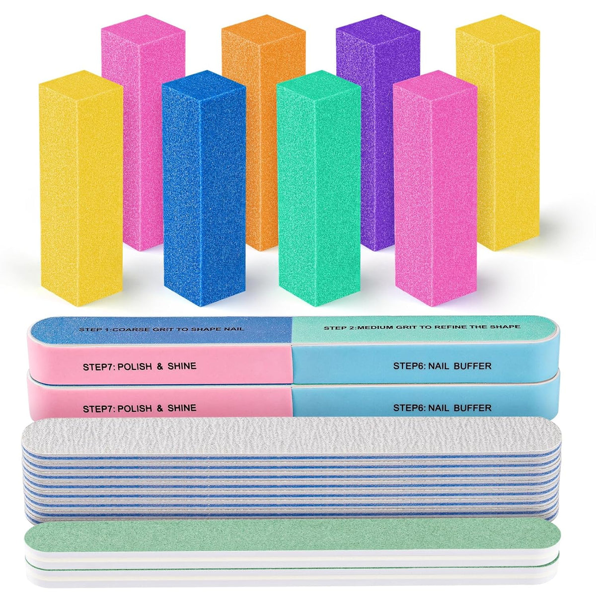 FANDAMEI Nail Buffers and Files, 8PCS Colorful Nail Buffer Block, 8PCS Blue Nail File, 2PCS 7 Way