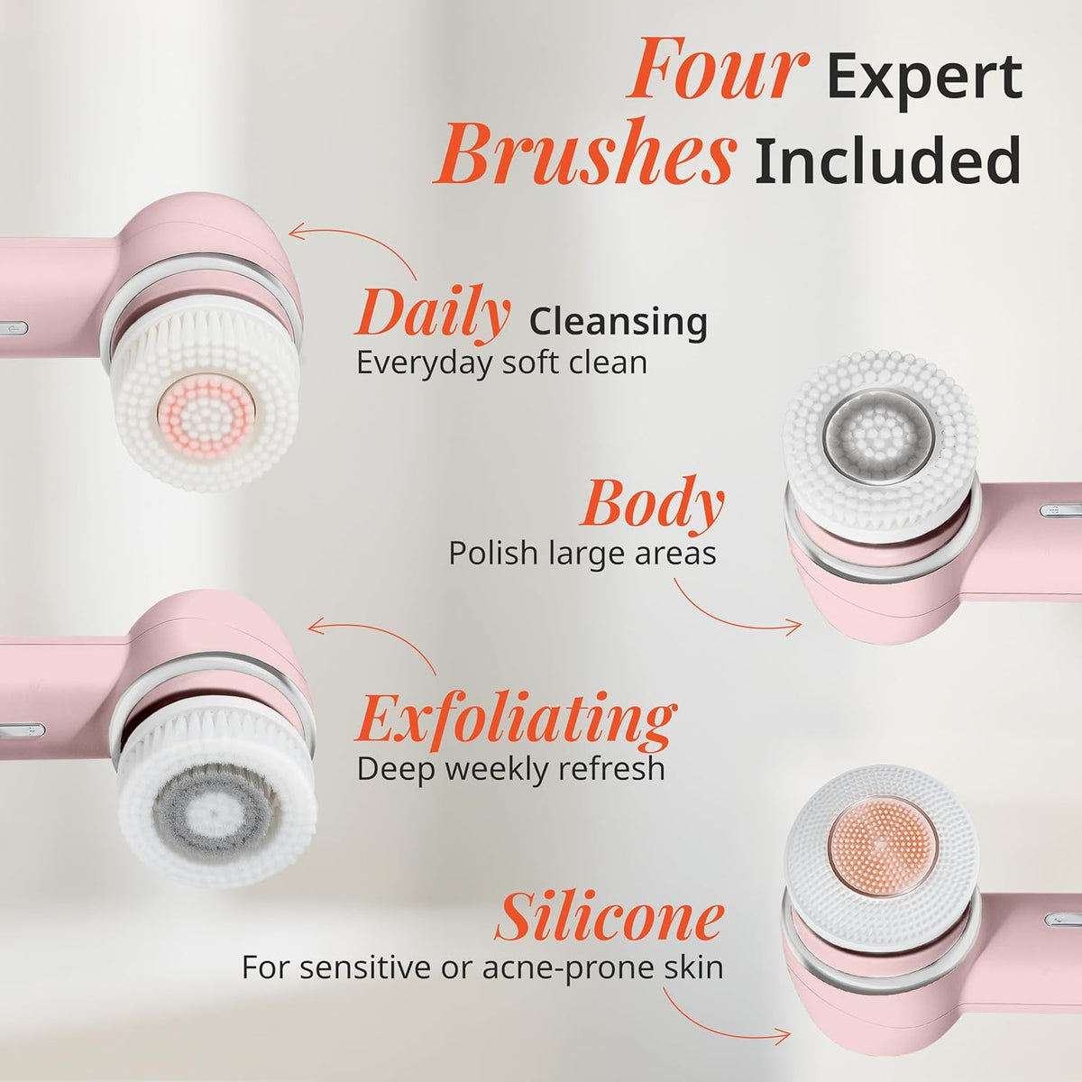 Vanity Planet Raedia 2.0 Facial Cleansing Brush, 4 Interchangeable Brush Heads, Pink - Daily