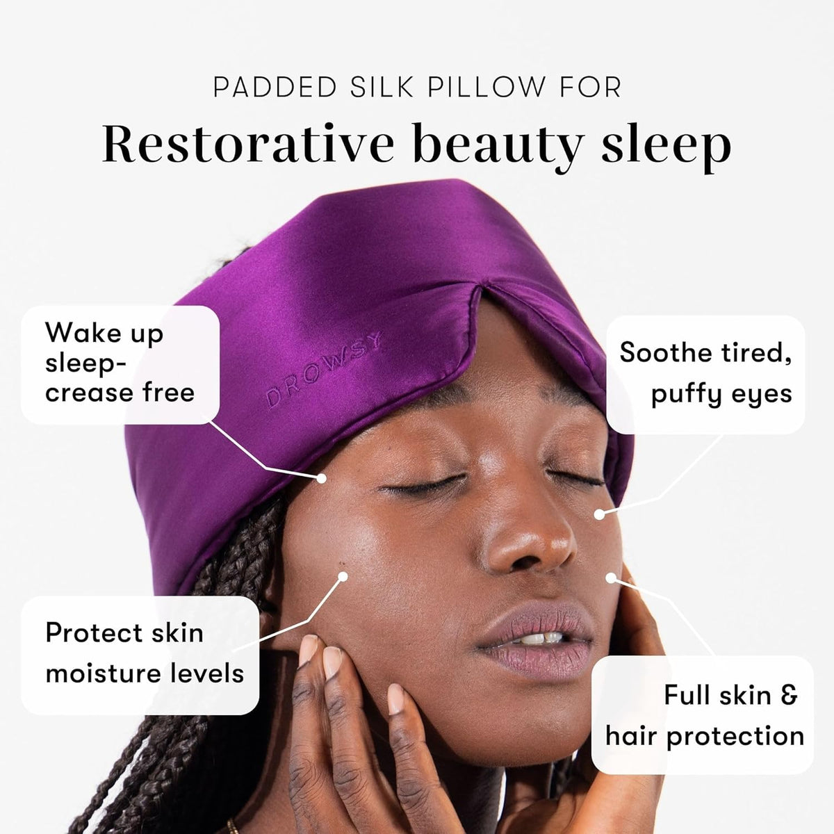 DROWSY Silk Sleep Mask. Face-Hugging, Padded Silk Cocoon for Luxury Sleep in Total Darkness.